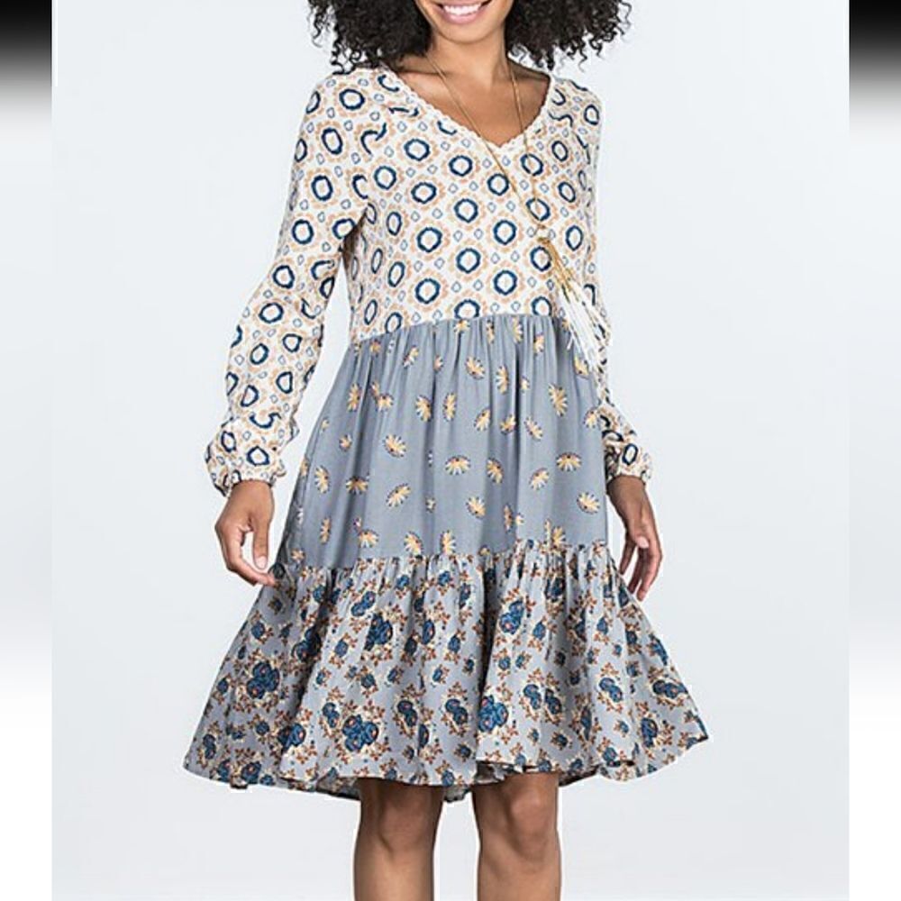 Matilda Jane Clothing Blue & Tan Floral Visionary Long Sleeve Dress S